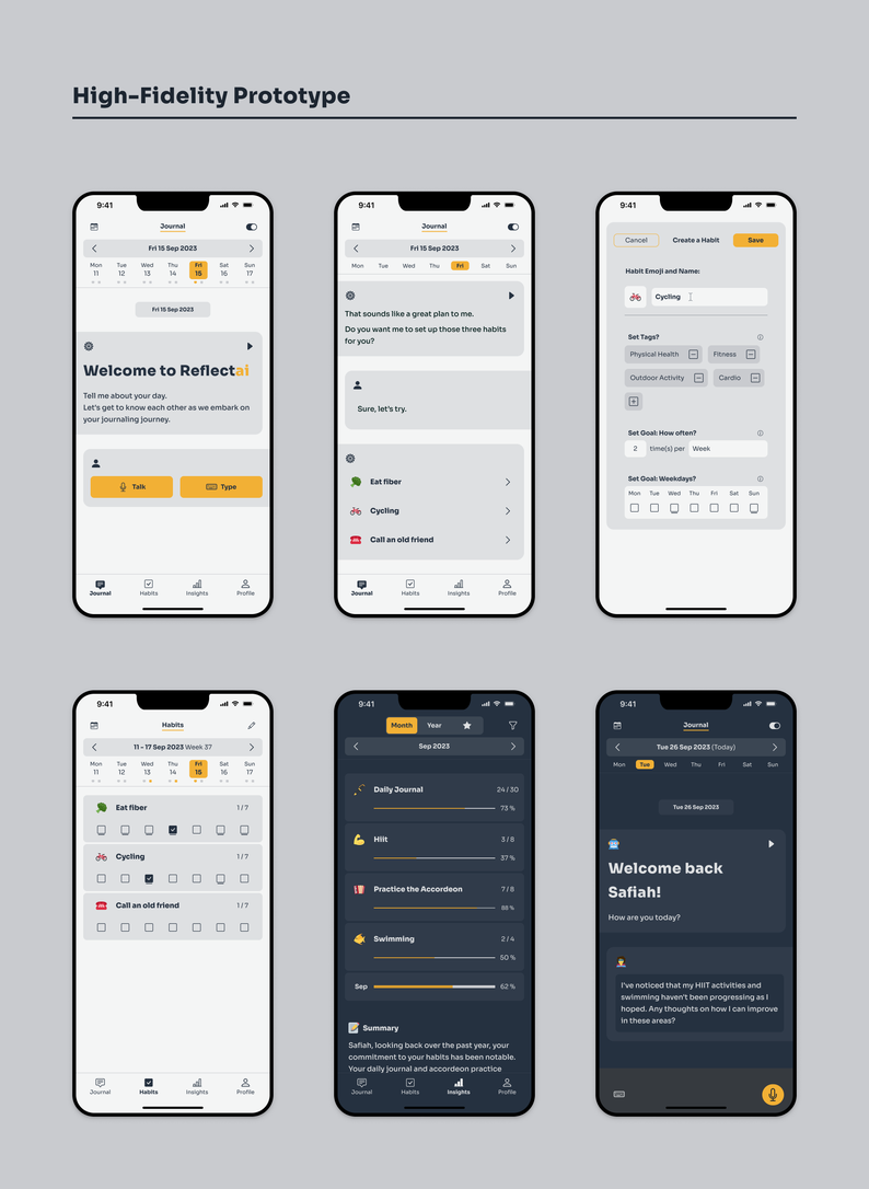 9. High-Fidelity Prototype different screens, UX Design Case Study of reflect-A-I responsive web app