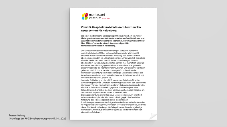 Mockup einer Pressemitteilung des Montessori Zentrums Heidelberg über den neuen Standort im ehemaligen US-Militärkrankenhaus.