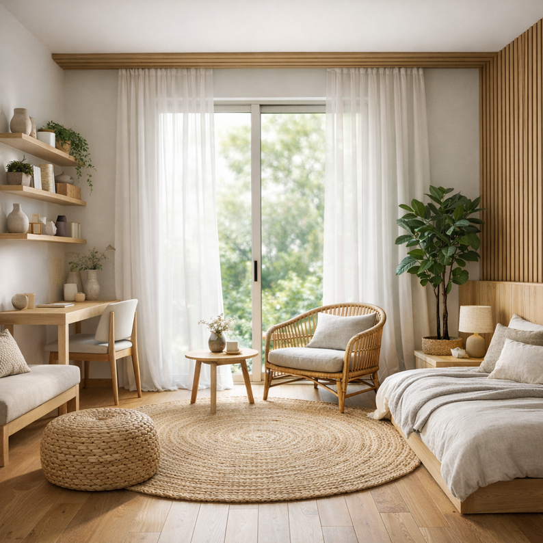 Appartement de type studio, de style biophilique, un intérieur naturel avec un apporte de lumière naturel et l’utilisation de matériaux naturel, près de Morlaix