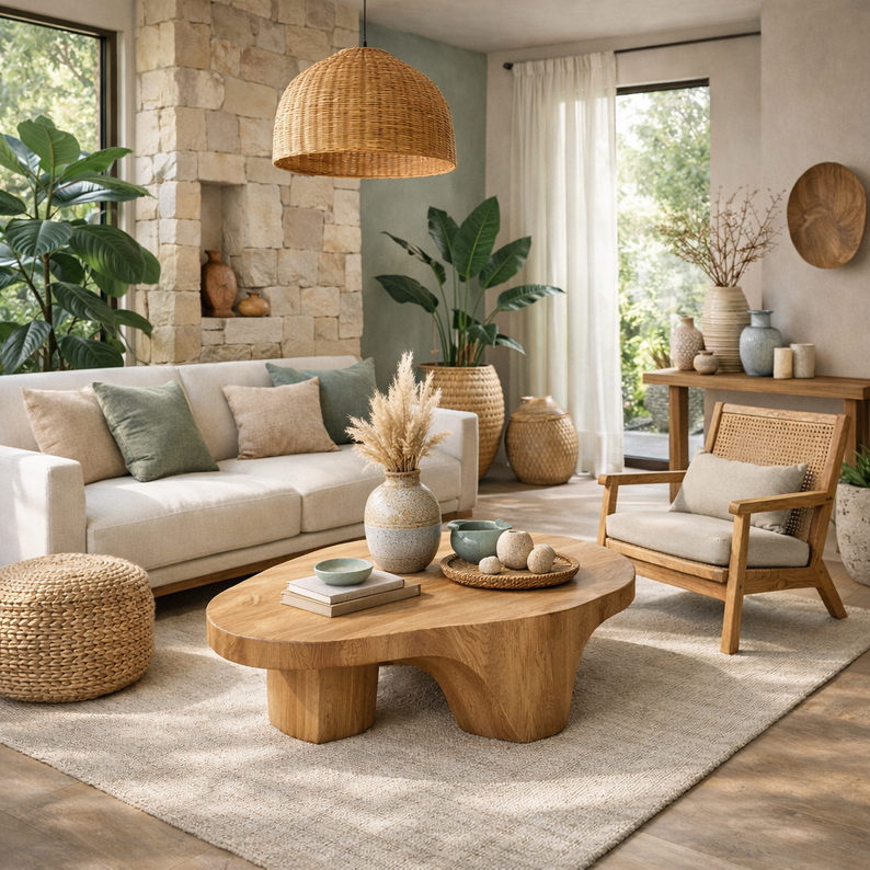 Les tendances déco de 2024, dans le salon d’un appartement avec du parquet posé au sol, de jolies rideaux devant un porte fenêtre avec un apport de lumière rendant la pièce chaleureuse. Appartement qui pourrait être rénové près de Morlaix.