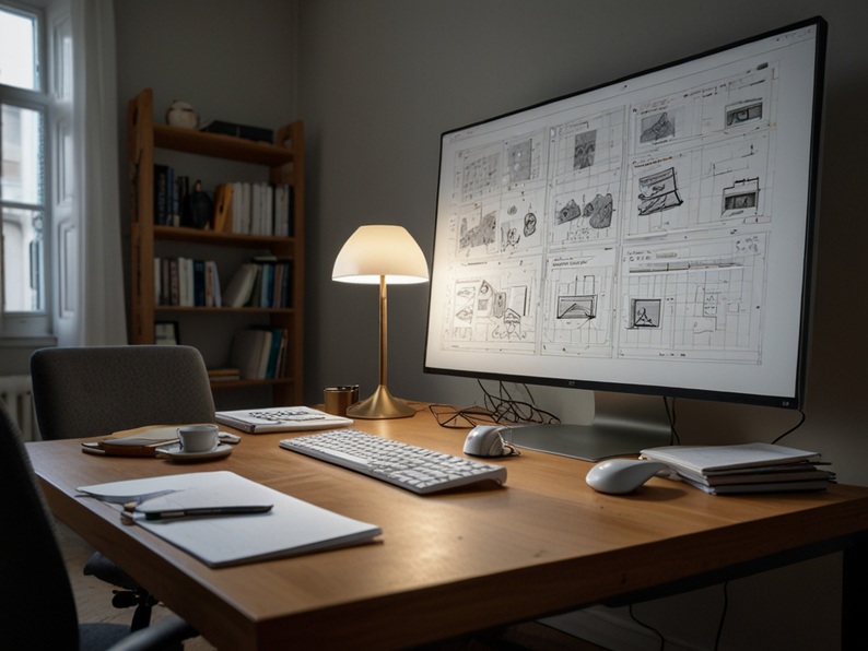 DEVIS GRATUIT, Illustration d’un ordinateur représentant des graphiques d’honoraire, pour des tarifs en décoration, en aménagement et en agencement pour un architecte d’intérieur près de Morlaix