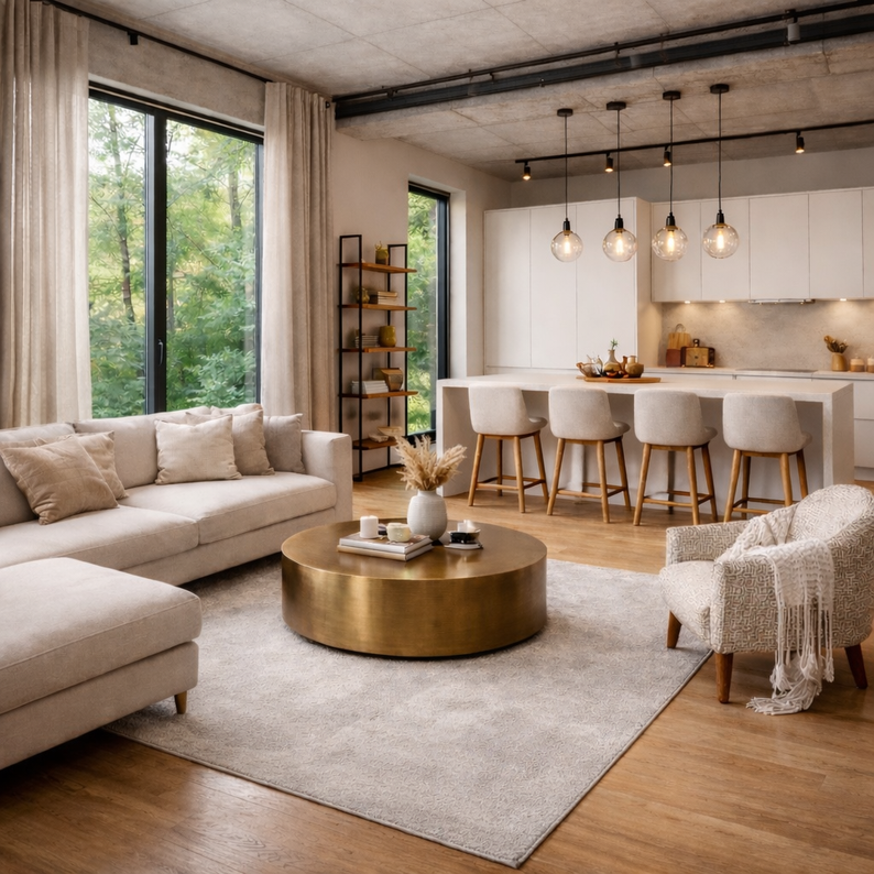 Aménagement d'un loft avec une grande hauteur sous plafond, sur une belle cuisine ouverte, près de Morlaix