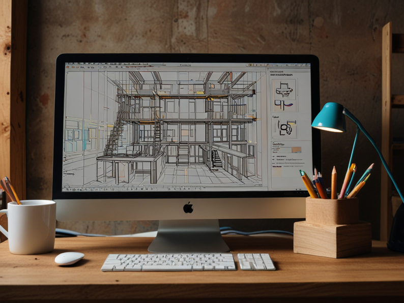 Ordinateur portable représentant l’ensemble des mots et illustrations d’objet pouvant être utilisé ou employé sur un chantier par les artisans ou les architectes, près de Morlaix