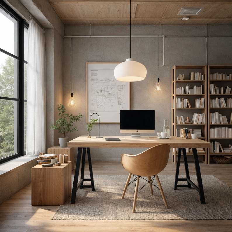 Studio d’architecte d’intérieur lumineux avec bureau en bois et bibliothèque.