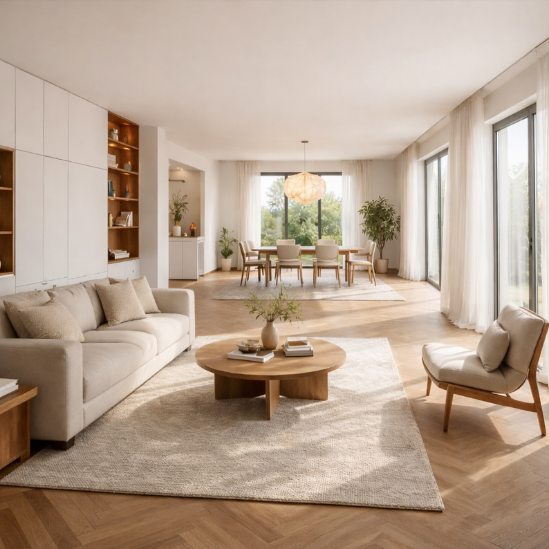 salon confortable d'un appartement, baigné de lumière, avec du parquet, des meubles mesure pour optimisation de l'espace.