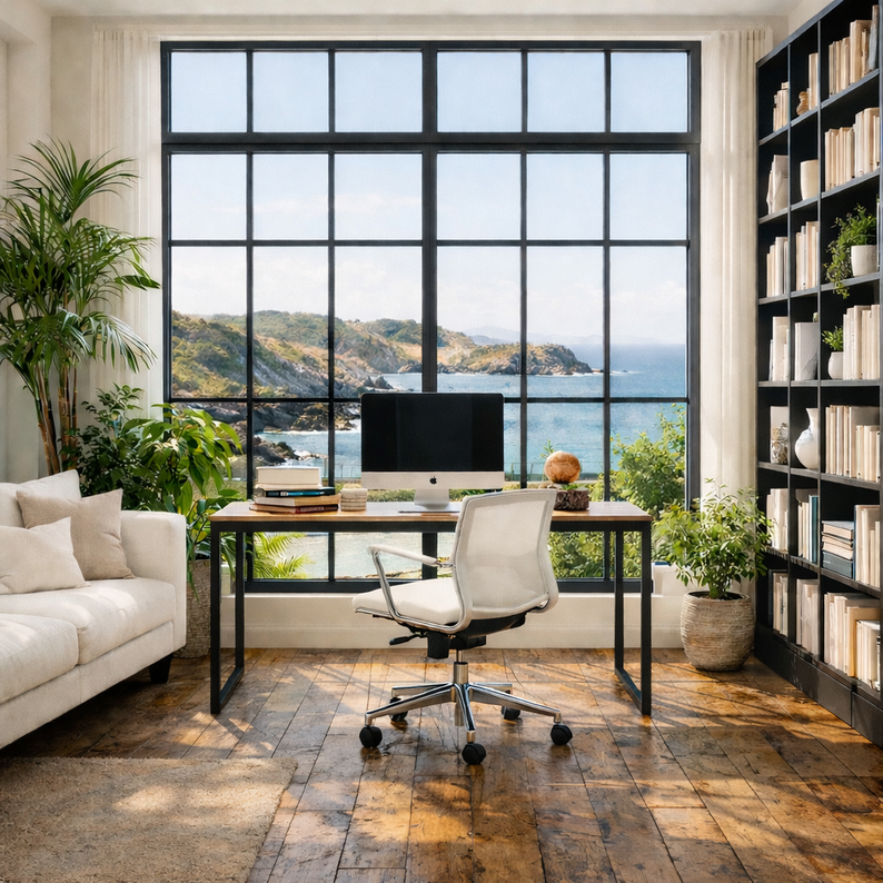 Création d'un espace bureau dans un appartement près de Morlaix, avec une bibliothèque, la pièce est baignée de lumière par les ouverture, réalisation de devis gratuit au près des artisans.
