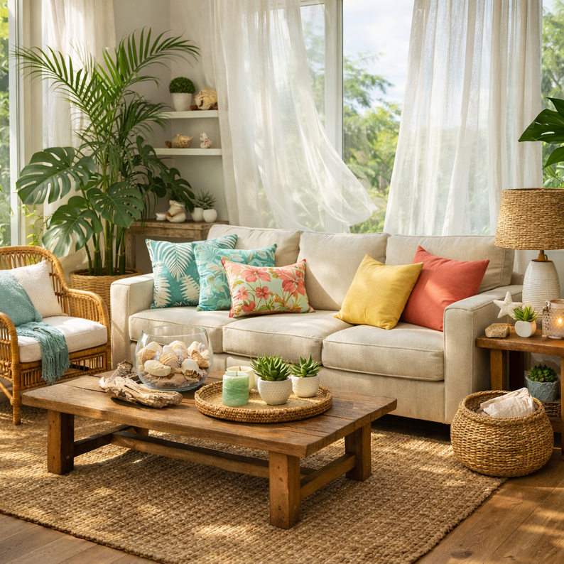 Aménagement d’un salon pour faire entrer l’été dans son intérieur avec des plantes du parquet et de la lumière naturel