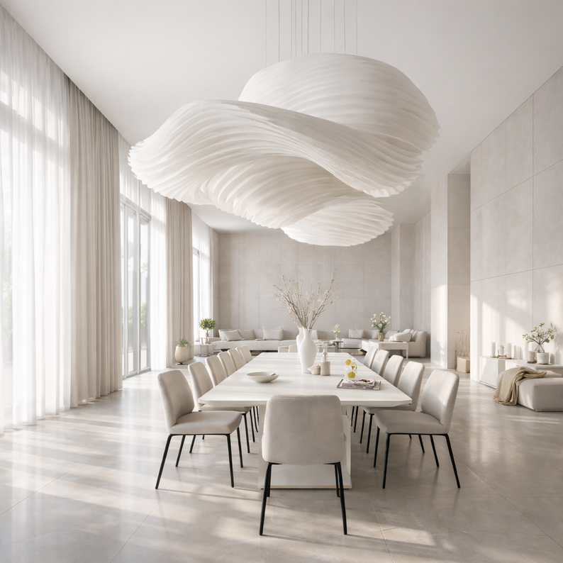 Salle à mangé moderne, avec de grand carreau de carrelage, avec un lustre géant pour une grande hauteur sous plafond, avec un maximum de lumière naturel et décoratif sous la forme d’une sculture, près de morlaix