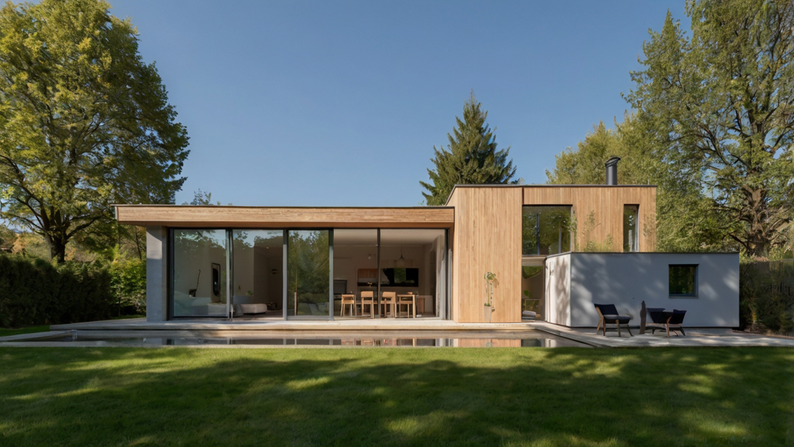 dessin vue 3D agrandissement de maison en bois très vitré avec des porte fenêtre et de la lumière naturel près Morlaix