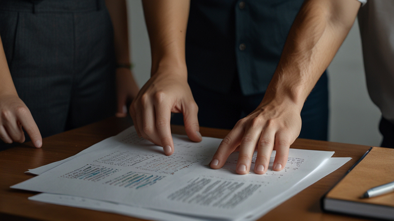 Réunion studieuse autour de l’étude de devis avec un client. Sur le bureau, des ordinateurs et des feuilles avec des tableaux de chiffrage de travaux. Confiez vos projet à une personne de confiance avec une expertise complète et ses artisans en Bretagne.