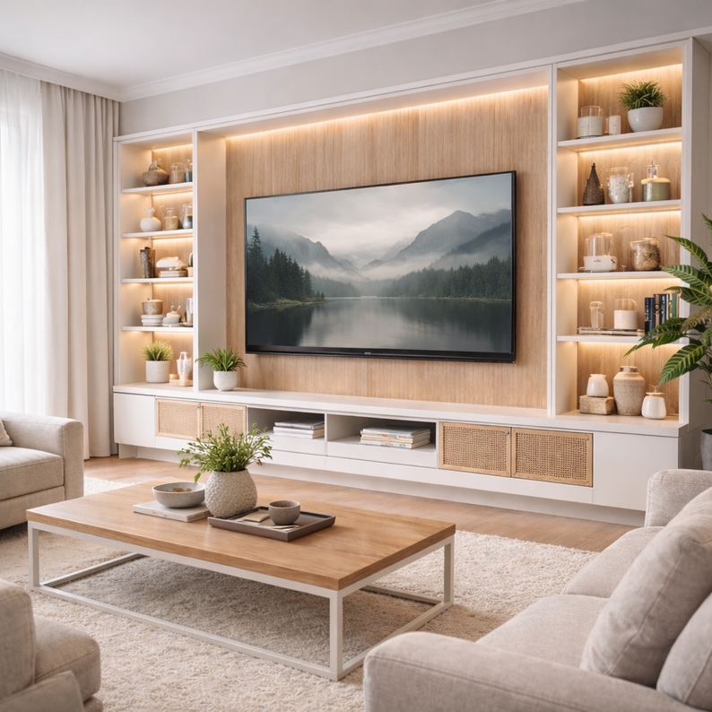 Meuble télévision sur mesure, créée par un agenceur, près de morlaix, avec de la lumière, des étagères et des portes en verre, une jolie table basse avec un plateau en bois