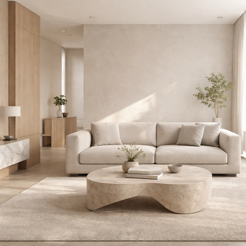 Salon de style minimaliste, avec un tapis, des plantes et des mobiliers sur mesure.