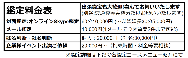 占い鑑定料金表