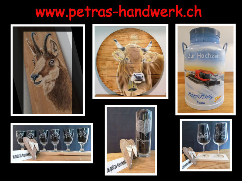 Auftragsmalerei / Holzuhren bemalen / Milchkanne bemalen / Holzwandbild bemalen // Glasgravuren /  www.petras-handwerk.ch
