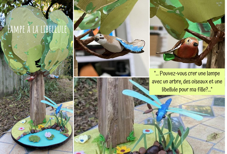 lampe artisanale créée sur mesure en Haute-Savoie pour un projet unique. Le plaisir d'offrir du sur mesure avec ce luminaire avec arbre, oiseaux et libellule.
