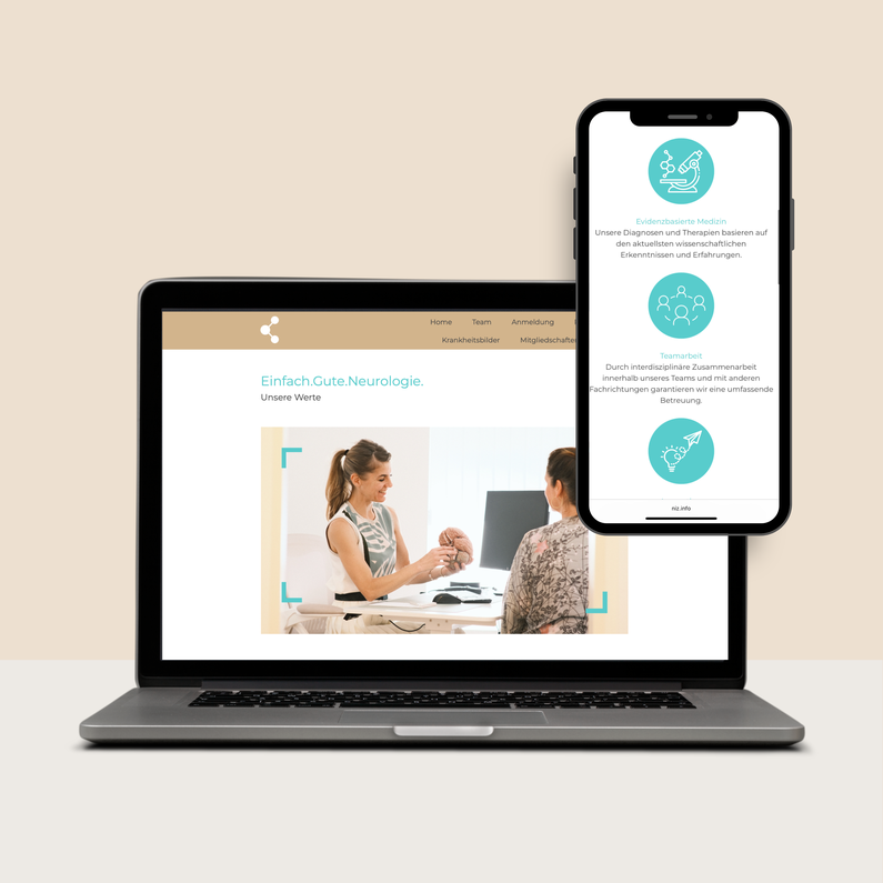 Mockup einer Website und mobilen Ansicht für die Neurologische Gemeinschaftspraxis im Zentrum St. Gallen – Branding- und Webdesign-Relaunch für eine neurologische Praxis.