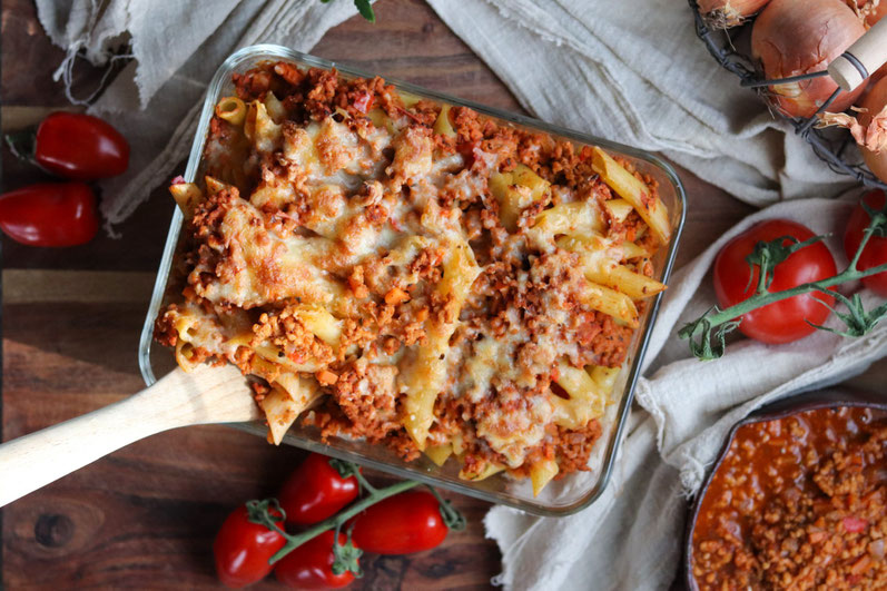 Nudelauflauf mit veganem Faschierten