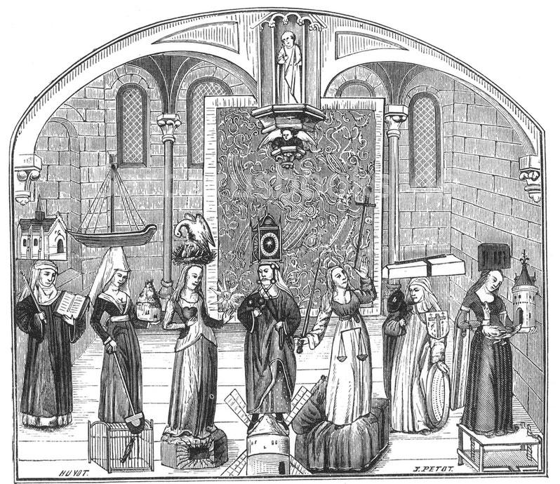 Abb. 273. – Die sieben christlichen Tugenden mit ihren Symbolen. – Aus einer Miniatur in der „Ethik des Aristoteles“ (Manuskript aus dem 14. Jahrhundert), Bibliothek von Rouen.