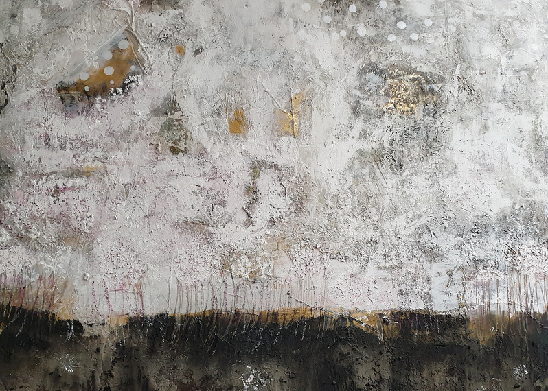 Artigkeit, Claudia Karrasch, Bonn, Malen, Abstrakte Malerei, Studio, Auf Gold gekratzt, Goldfolie, Acryl, Ölkreide, Spachtelmasse, Sand, auf Leinwand, 130 X 110 cm