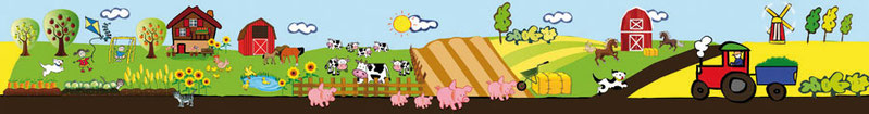 bunte Kinderwandbordüre Bauernhof mit vielen Tieren und Traktor - umweltfreundlich - optional selbstklebend