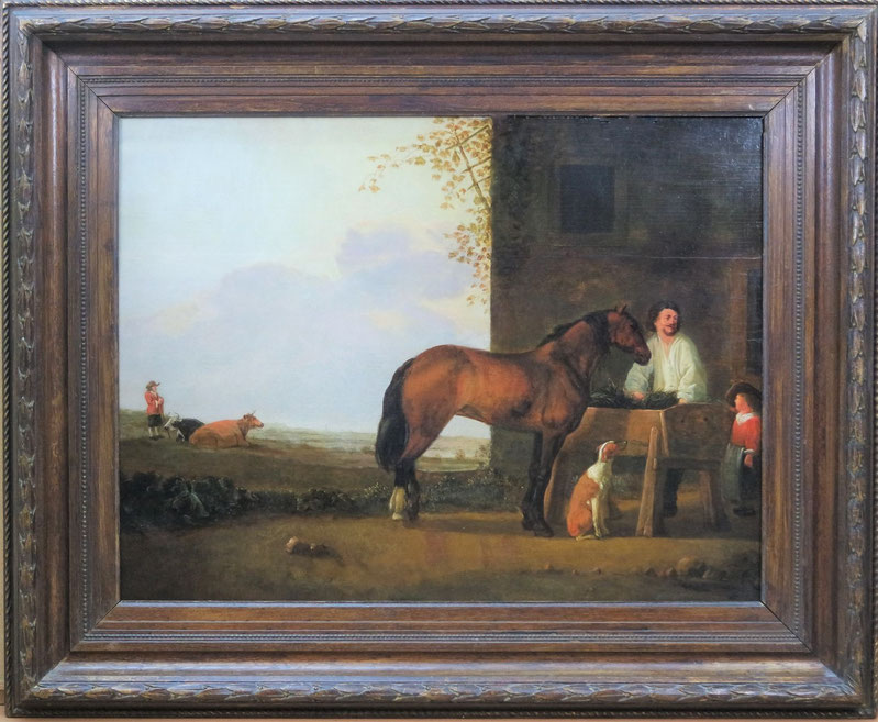 te_koop_aangeboden_een_schilderij_van_de_nederlandse_kunstschilder_abraham_van_calraet_1642-1722_een_ruiter_met_zijn_paard_bij_een_rustplaats