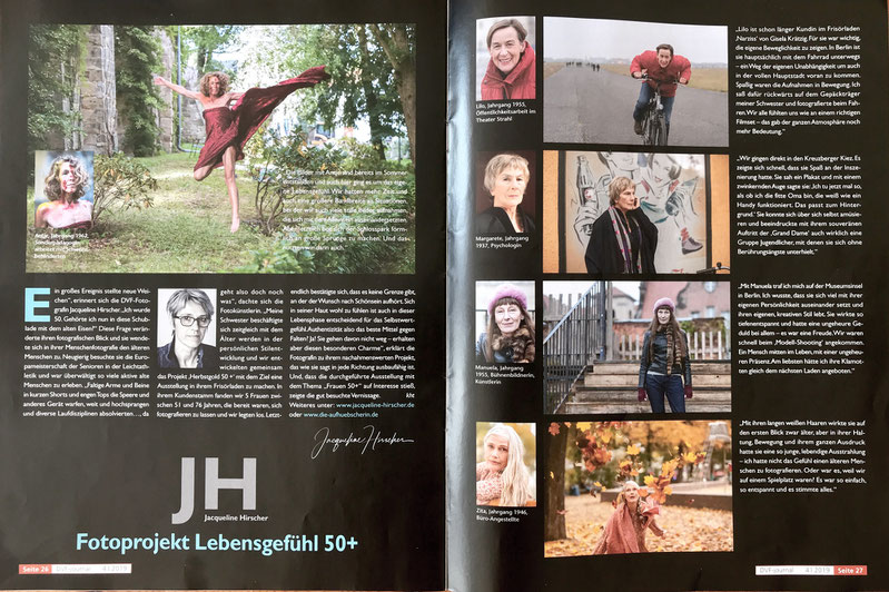 Doppelseite im DVF-Jounal mit Text über mich und der Projektidee zu Lebensgefühl 50+ und Fotos von 5 Frauen.