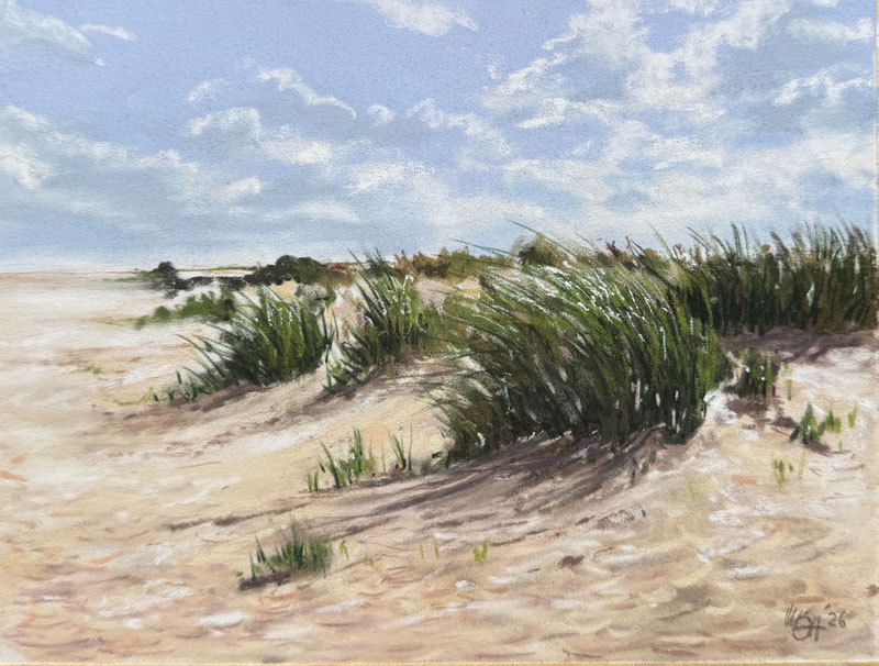 "dünen" pastell/tusche auf papier (2026) 18 x 24 cm (im rahmen weiß)