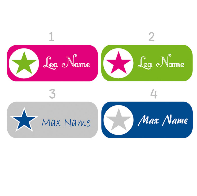 personalisierbare Bügeletiketten mit Stern Motiv in verschiedenen Farben, pink, grün, grau, blau