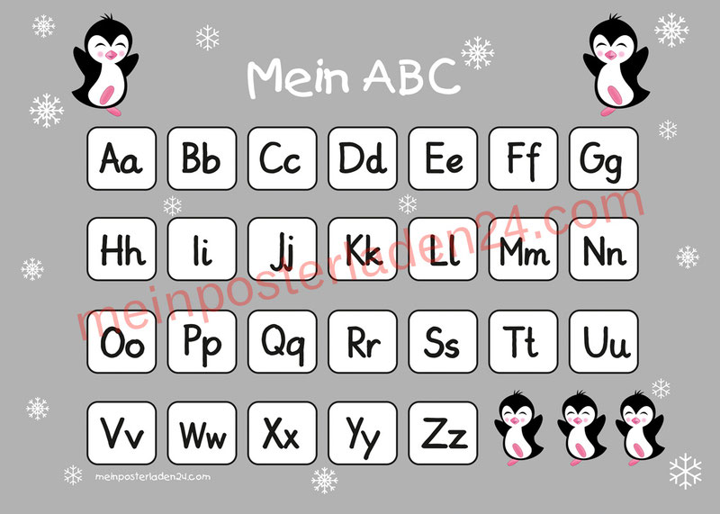 ABC Lernposter für die Grundschule mit niedlichen Pinguinen und Schneesternchen, optional laminiert