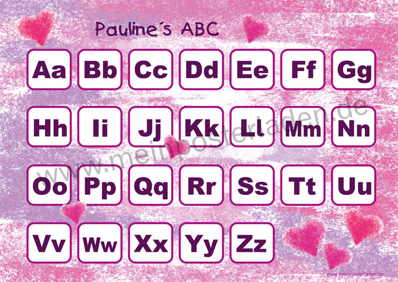 ABC Lernposter für die Grundschule mit romantischen Pastell Herzchen in pink und rosa, optional laminiert