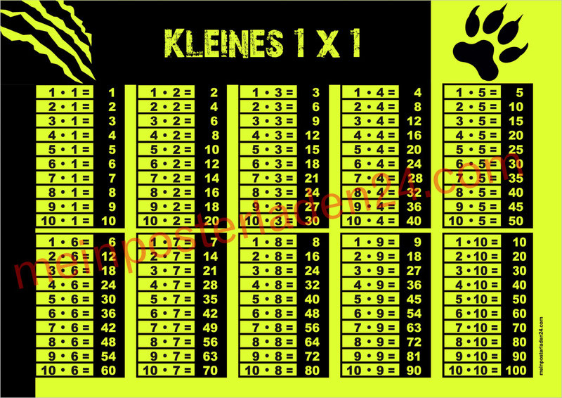 1 x 1 Lernposter für die Grundschule mit Tigertatze, gedruckt auf gelbes Neonpapier, abwaschbar