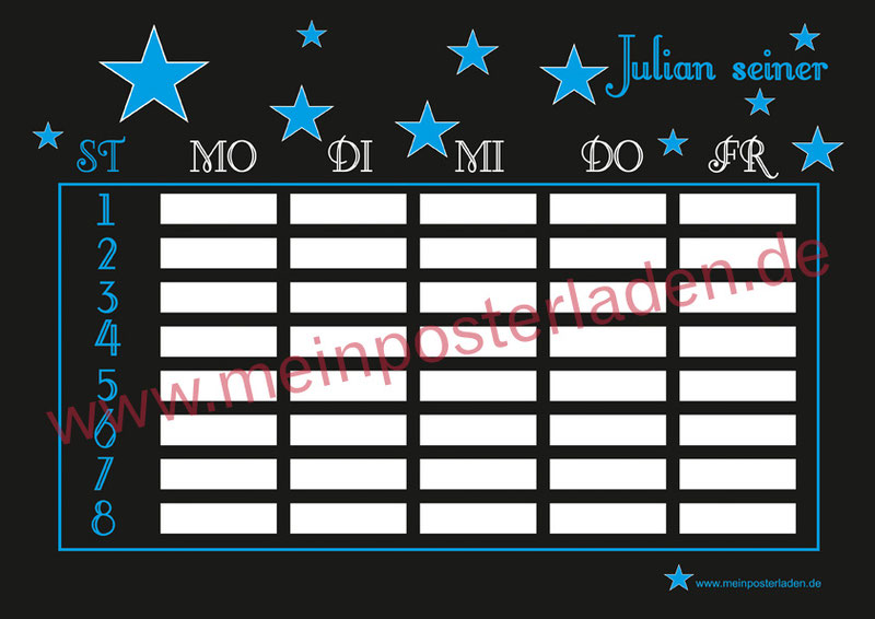 cooler schwarzer A4 Stundenplan mit blauen Sternen - personalisierbar und optional wiederbeschreibbar