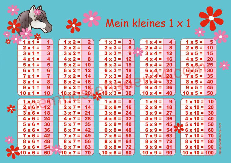 1 x 1 Lernposter für die Grundschule mit Pferd und Blümchen, optional laminiert