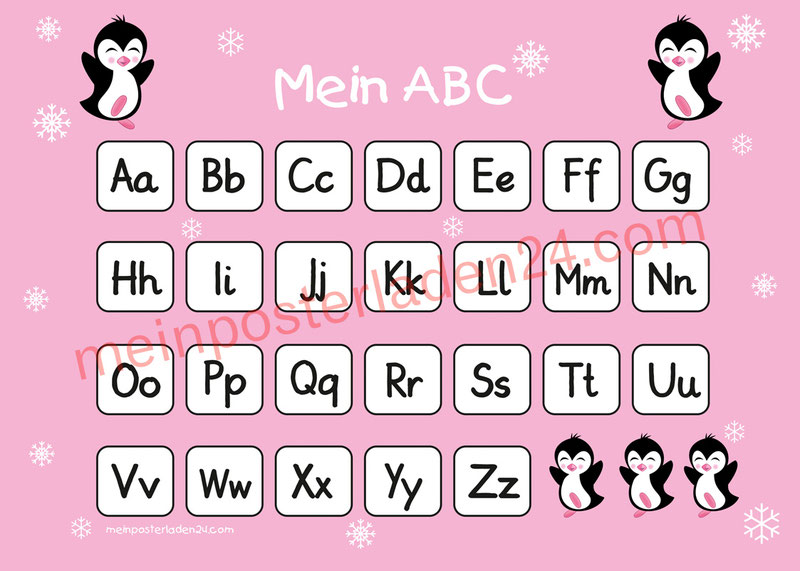 ABC Lernposter für die Grundschule mit niedlichen Pinguinen und Schneesternchen, optional laminiert
