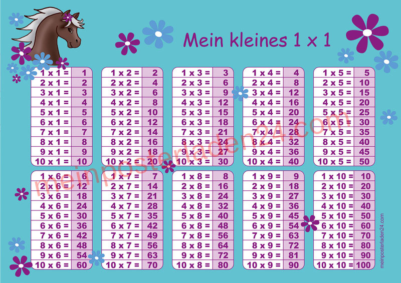 1 x 1 Lernposter für die Grundschule mit Pferd und Blümchen, optional laminiert