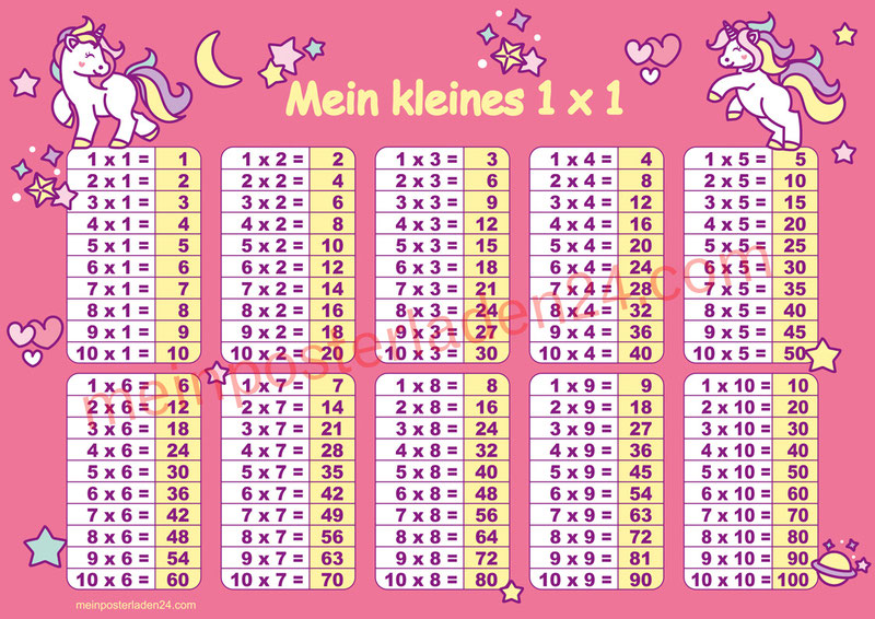 1 x 1 Lernposter für die Grundschule mit niedlichen Einhörnern, optional laminiert
