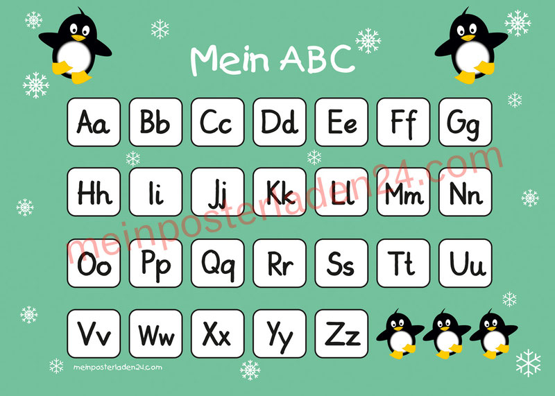 ABC Lernposter für die Grundschule mit niedlichen Pinguinen und Schneesternchen, optional laminiert