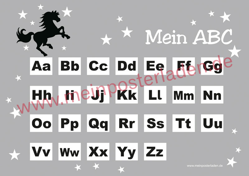 ABC Lernposter für die Grundschule mit Wildpferd und Sternchen, optional laminiert