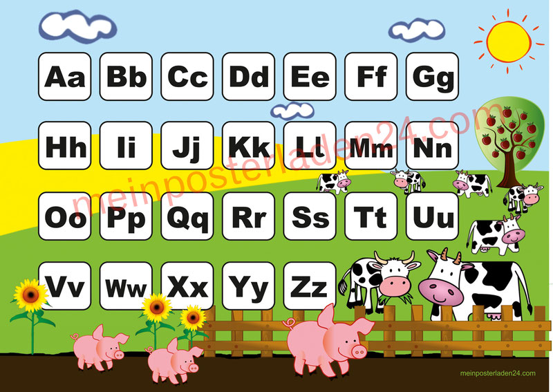 ABC Lernposter für die Grundschule Bauernhof mit Schweinchen und Kühen, optional laminiert