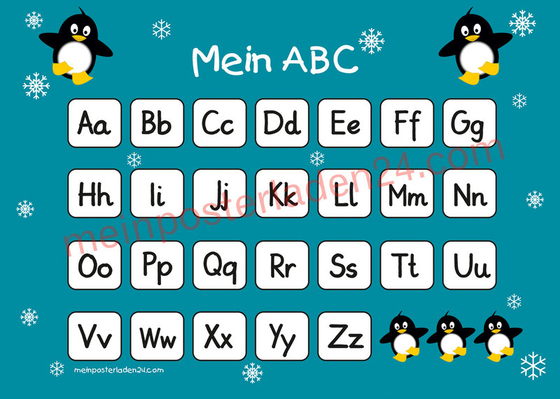 ABC Lernposter für die Grundschule mit niedlichen Pinguinen und Schneesternchen, optional laminiert