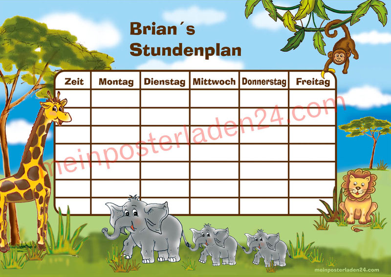 A4 Stundenplan mit Tiere der afrikanischen Savanne, Giraffe, Affe, Elefant, Löwe, personalisierbar und optional wiederbeschreibbar