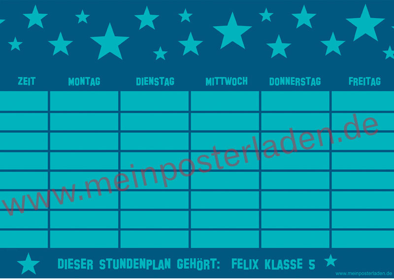 A4 Stundenplan mit Sterne in türkis - personalisierbar und optional wiederbeschreibbar