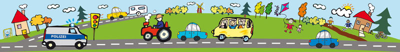 Kinderbordüre mit vielen verschiedenen Fahrzeugen wie: , Traktor, Polizei, Schulbus - umweltfreundlich - optional selbstklebend