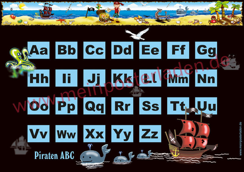 ABC Lernposter für die Grundschule, Kleiner Pirat mit Piratenschiff, Wale, Krake und Goldschatz, optional laminiert