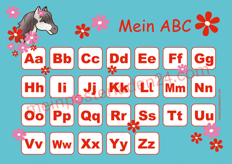 ABC Lernposter für die Grundschule mit Pony und Blümchen, optional laminiert