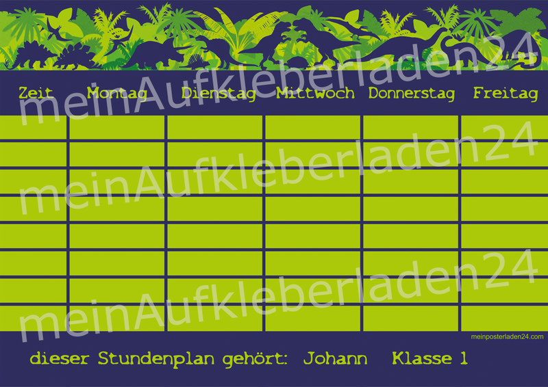 A4 Stundenplan Urwald Dinos mit T-Rex, Langhals und vielen anderen Dinos, personalisierbar und optional wiederbeschreibbar