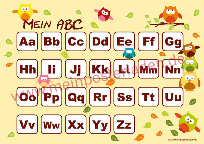 ABC Lernposter für die Grundschule mit lustigen bunten Eulen und bunten Herbstblättern, optional laminiert