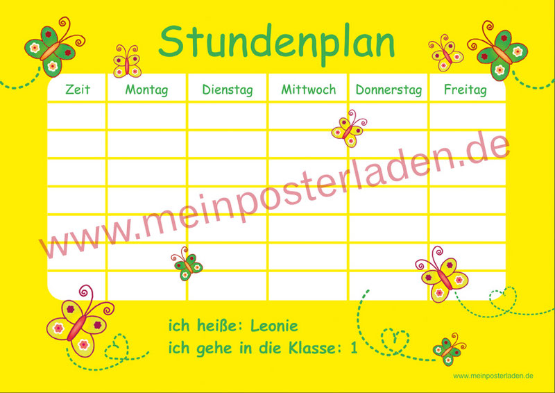 A4 Stundenplan in gelb mit niedlichen Schmetterlingen, personalisierbar und optional wiederbeschreibbar