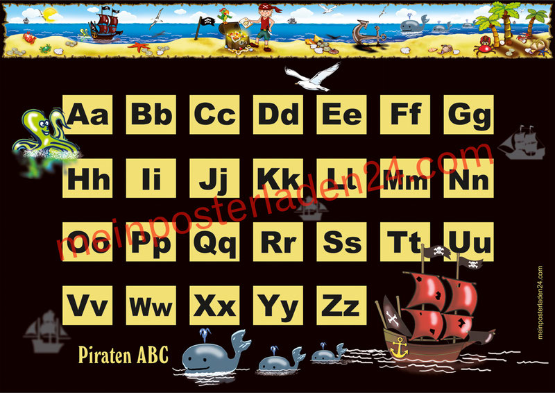 ABC Lernposter für die Grundschule, Kleiner Pirat mit Piratenschiff, Wale, Krake und Goldschatz, optional laminiert