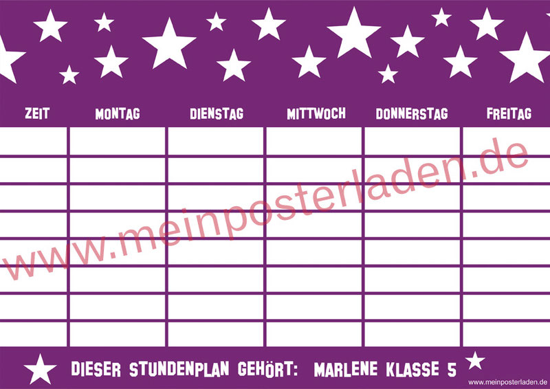 A4 Stundenplan lila mit Sterne - personalisierbar und optional wiederbeschreibbar